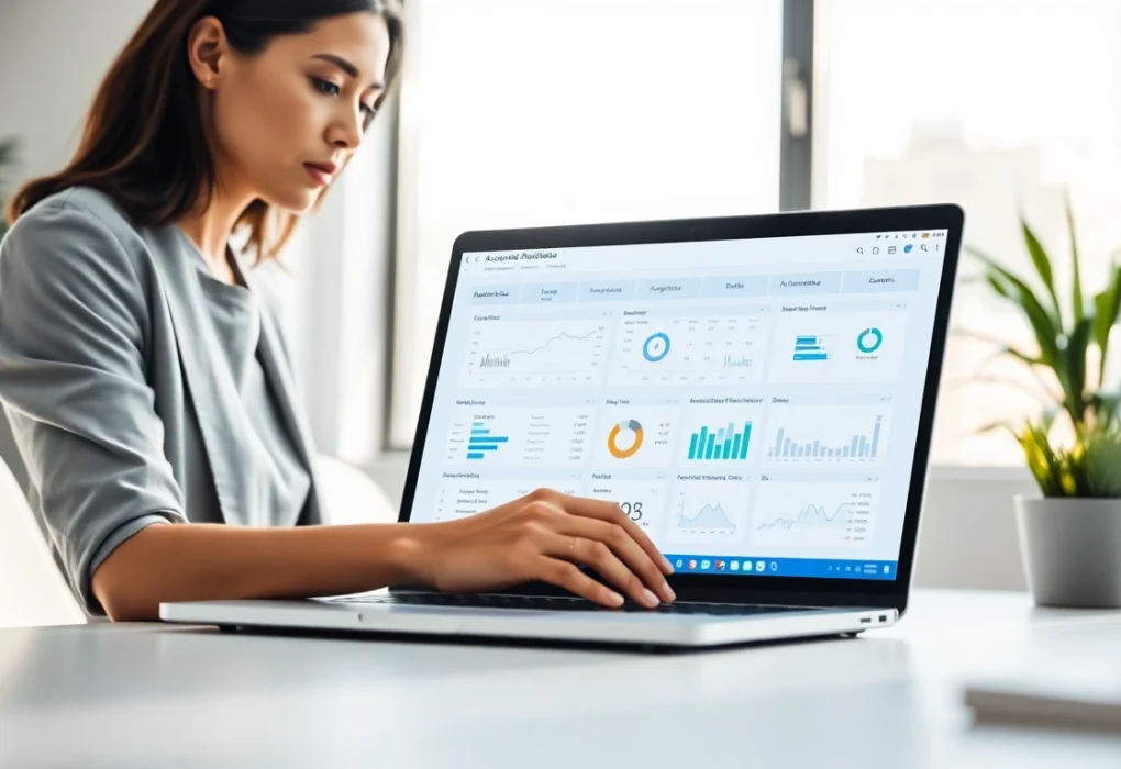 Engaging accounts receivable automation software interface on a laptop in a modern office.