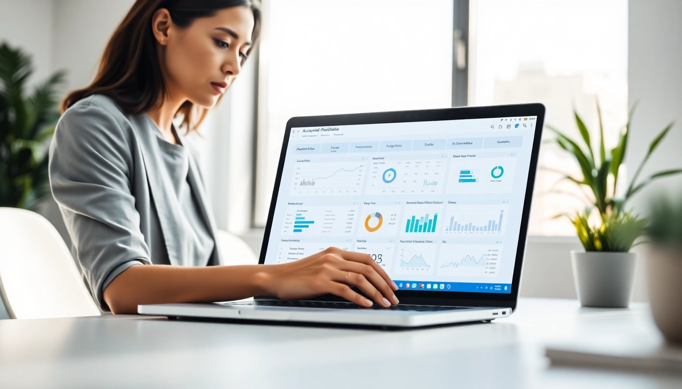 Engaging accounts receivable automation software interface on a laptop in a modern office.
