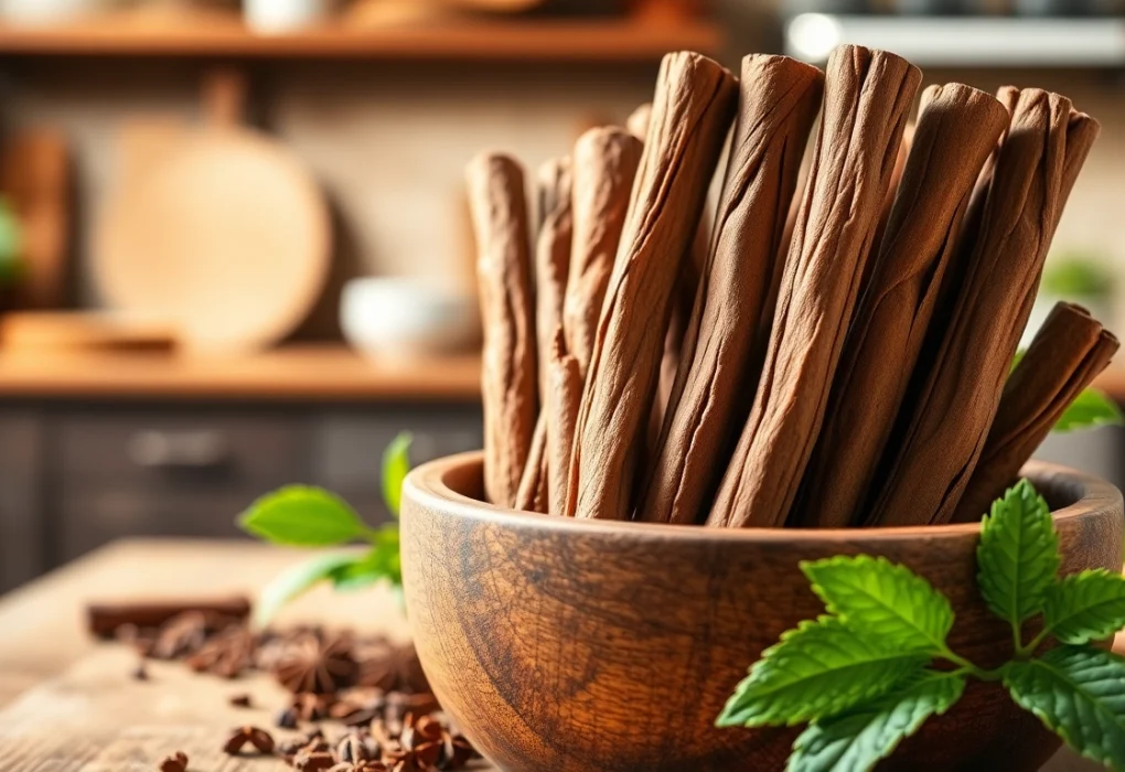 Cinnamon Bark arranged in a rustic bowl, showcasing textures and earthy colors.