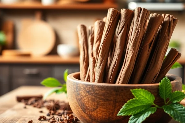 Cinnamon Bark arranged in a rustic bowl, showcasing textures and earthy colors.