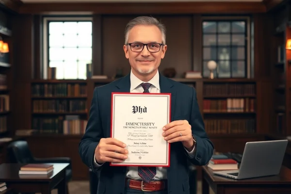 Showcasing where to buy a PhD degree, a professional holding a diploma in an academic setting.
