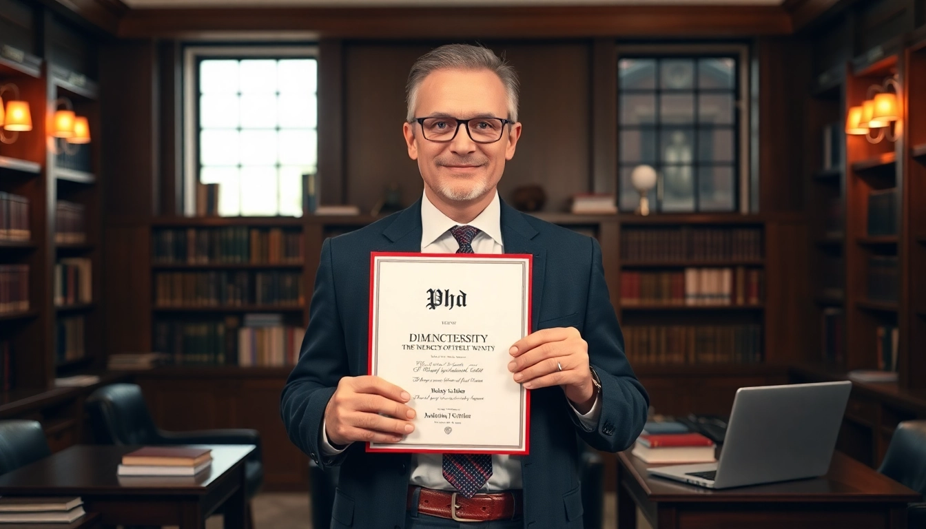 Showcasing where to buy a PhD degree, a professional holding a diploma in an academic setting.