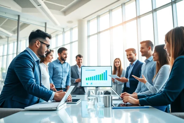 Enhancing business innovation through team collaboration in a modern office setting.