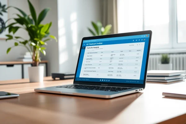 Analyze content with our AI checker on a modern laptop against a professional backdrop.