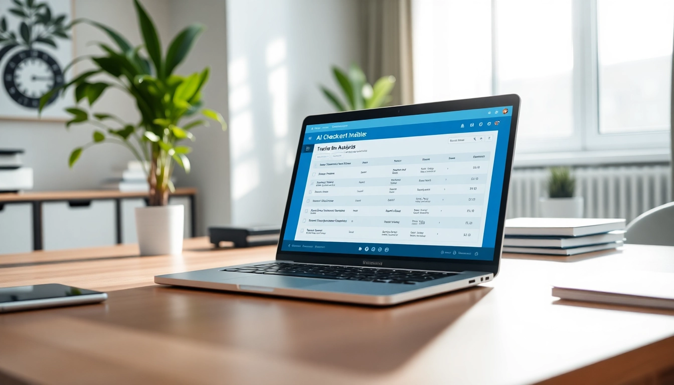 Analyze content with our AI checker on a modern laptop against a professional backdrop.