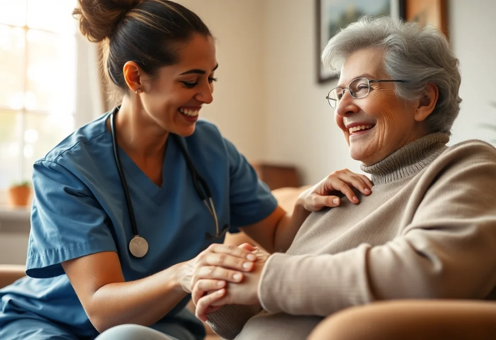 Supportive caregiver engaged in austin senior home care with elderly woman at home.