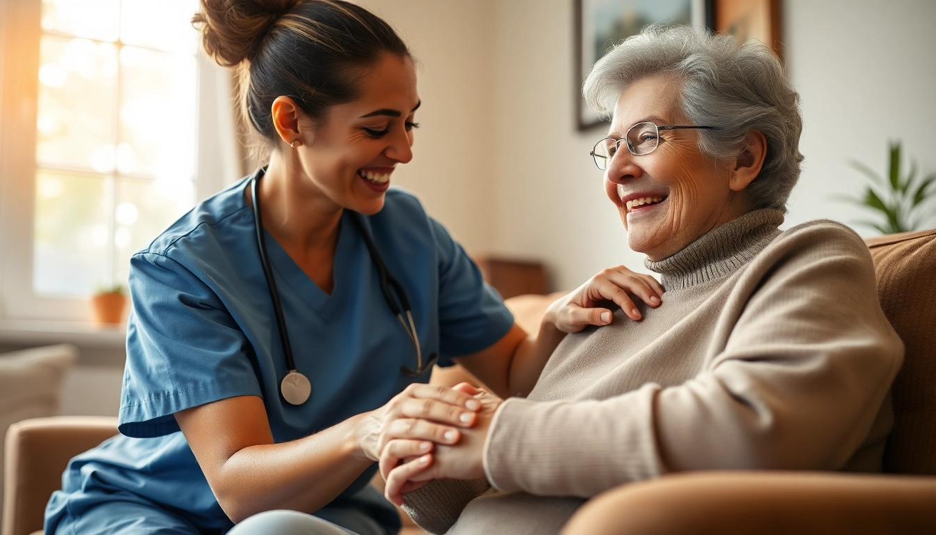Supportive caregiver engaged in austin senior home care with elderly woman at home.
