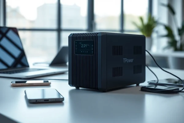 Showcasing TPower power supply charging multiple devices in a modern office environment.