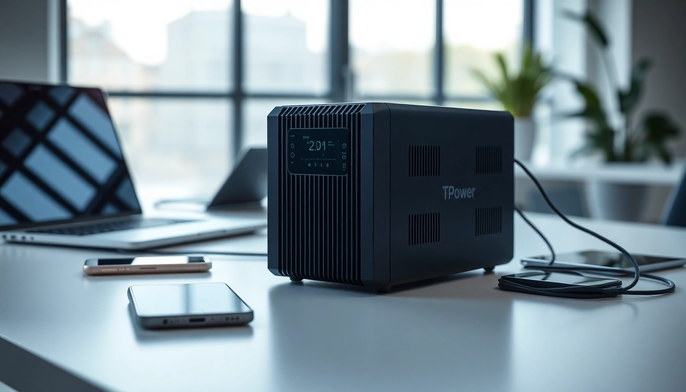 Showcasing TPower power supply charging multiple devices in a modern office environment.