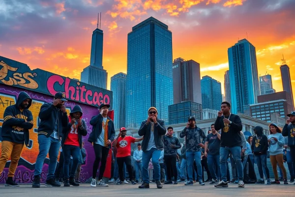 Vibrant representation of Chicago hip-hop artists engaging in street performance, showcasing urban culture.