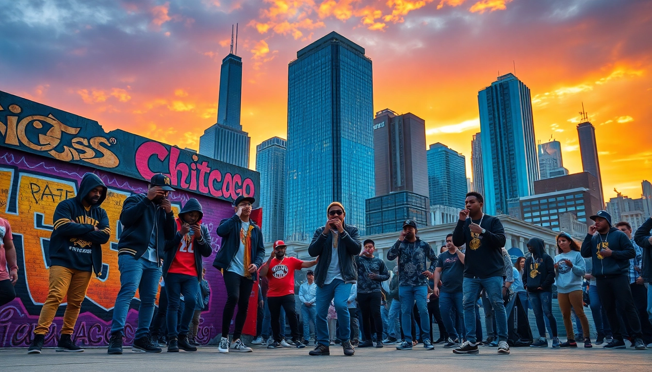 Vibrant representation of Chicago hip-hop artists engaging in street performance, showcasing urban culture.