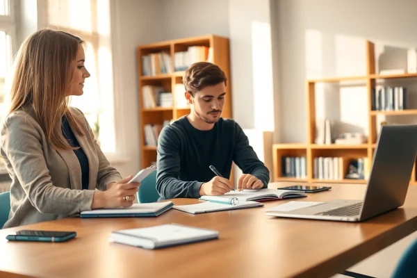 Illustration of a mentor assisting a student with NVQ sample answers in a professional workspace.