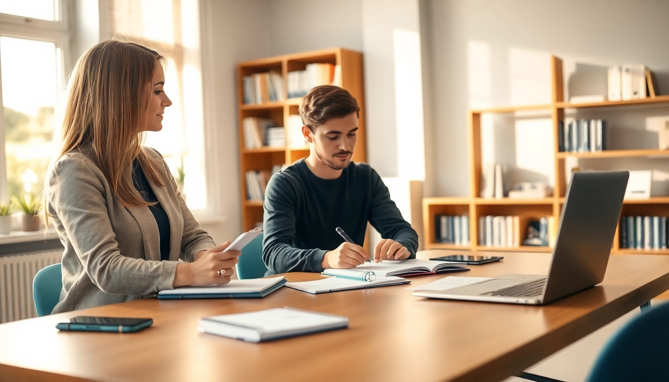 Illustration of a mentor assisting a student with NVQ sample answers in a professional workspace.