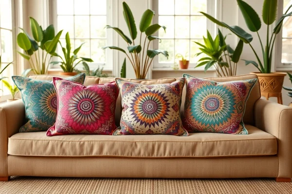 Charming cactus silk pillows adorned with intricate patterns on a stylish bohemian sofa.