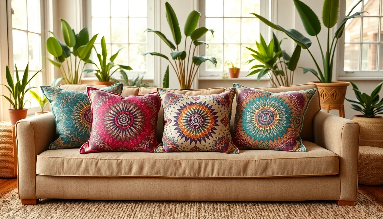 Charming cactus silk pillows adorned with intricate patterns on a stylish bohemian sofa.