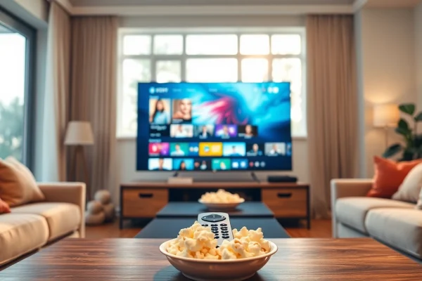 Engaging IPTV Subscription setup showcasing vibrant streaming on a modern smart TV in a cozy living room.