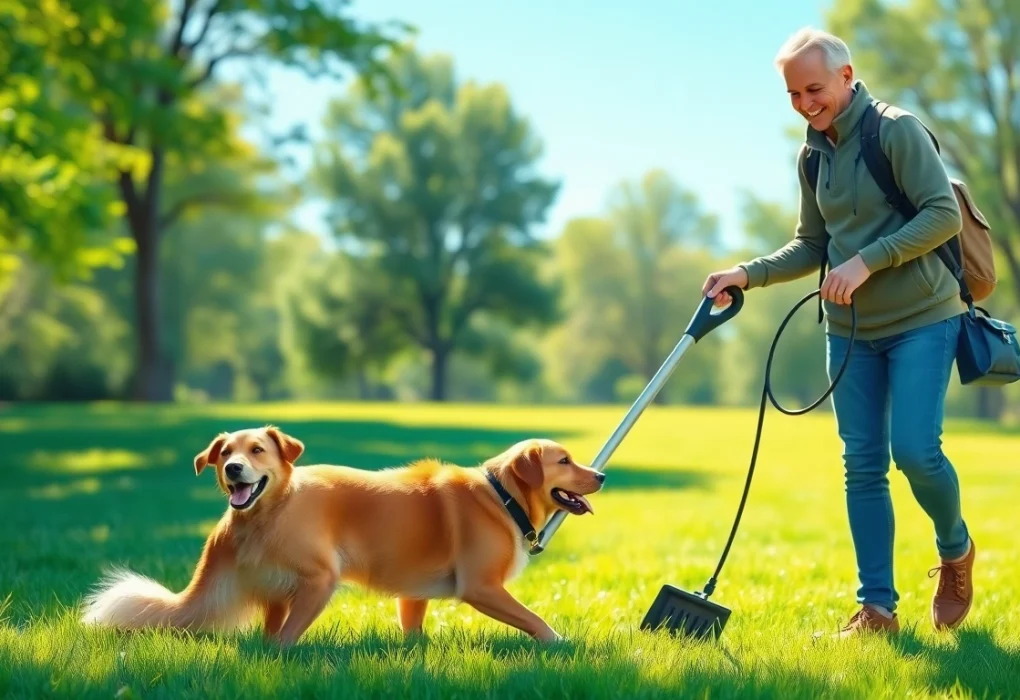 Efficiently clean up dog poop with a modern pooper scooper showcased in a sunny park.