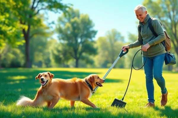 Efficiently clean up dog poop with a modern pooper scooper showcased in a sunny park.