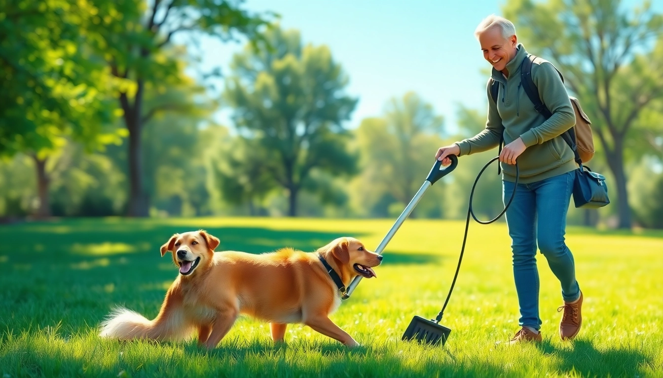 Efficiently clean up dog poop with a modern pooper scooper showcased in a sunny park.