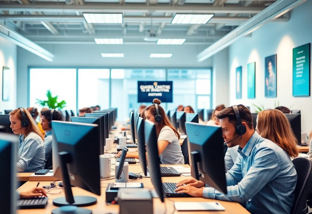 Effective Call Center Services: Unlocking Success for Small Businesses Engage with call center services in a lively, modern workspace showcasing customer service agents.