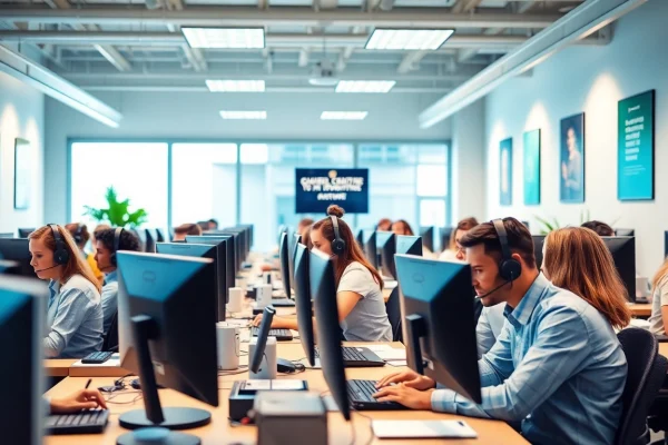 Effective Call Center Services: Unlocking Success for Small Businesses Engage with call center services in a lively, modern workspace showcasing customer service agents.