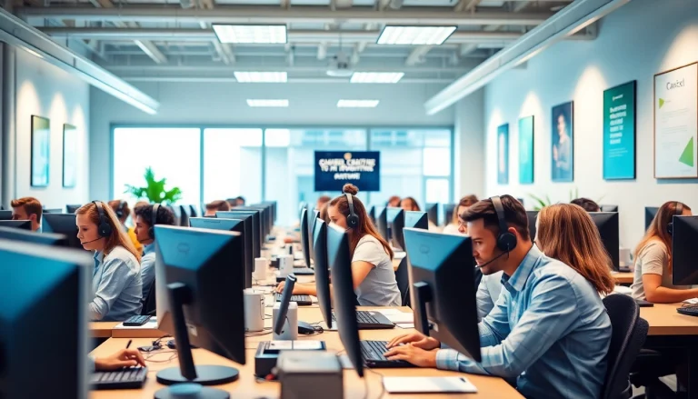Engage with call center services in a lively, modern workspace showcasing customer service agents.
