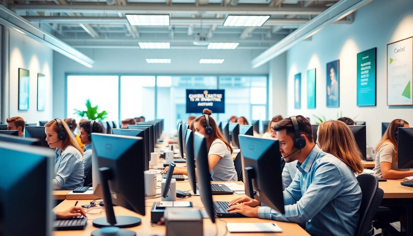Engage with call center services in a lively, modern workspace showcasing customer service agents.
