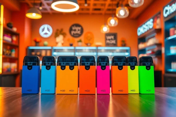 Hqd pods in an inviting vape shop setting with vibrant colors and modern decor.
