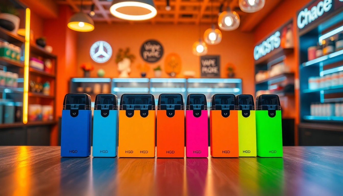 Hqd pods in an inviting vape shop setting with vibrant colors and modern decor.