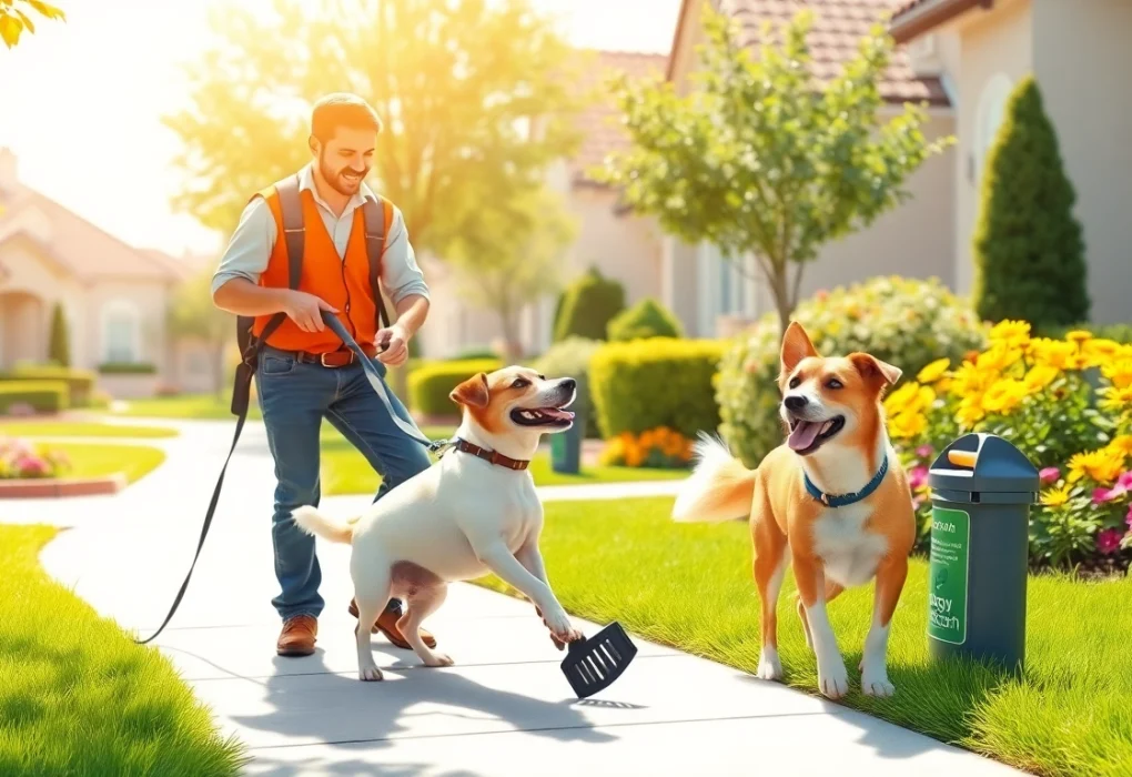Alamo Ranch poop scooper engaging happily with a dog in a clean neighborhood.