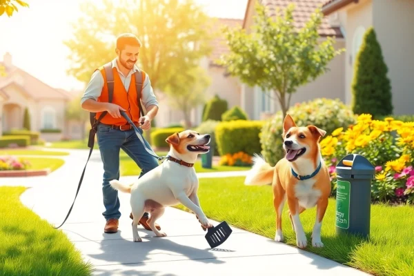 Professional Alamo Ranch Poop Scooper Services for a Spotless Yard Alamo Ranch poop scooper engaging happily with a dog in a clean neighborhood.