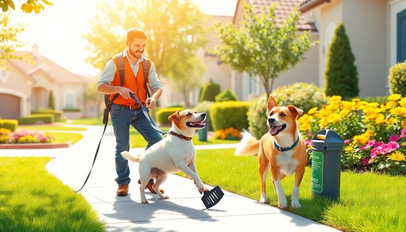 Alamo Ranch poop scooper engaging happily with a dog in a clean neighborhood.