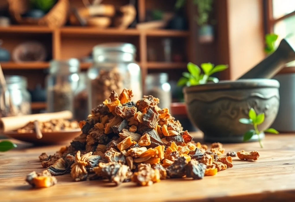 Benjoin resin being prepared in a professional herbalist workspace with natural elements.