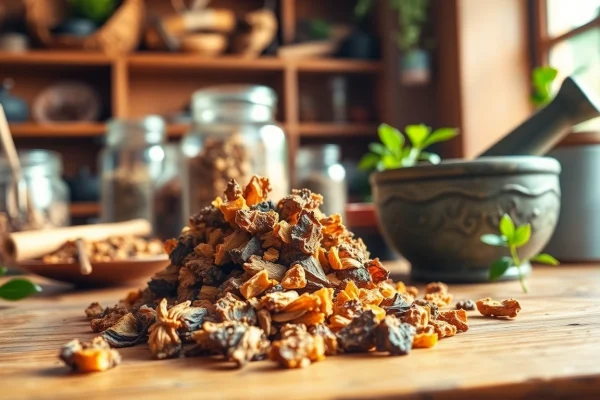 Benjoin resin being prepared in a professional herbalist workspace with natural elements.