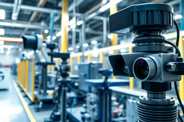 Capture of a machine vision system analyzing objects on a production line in a high-tech environment.