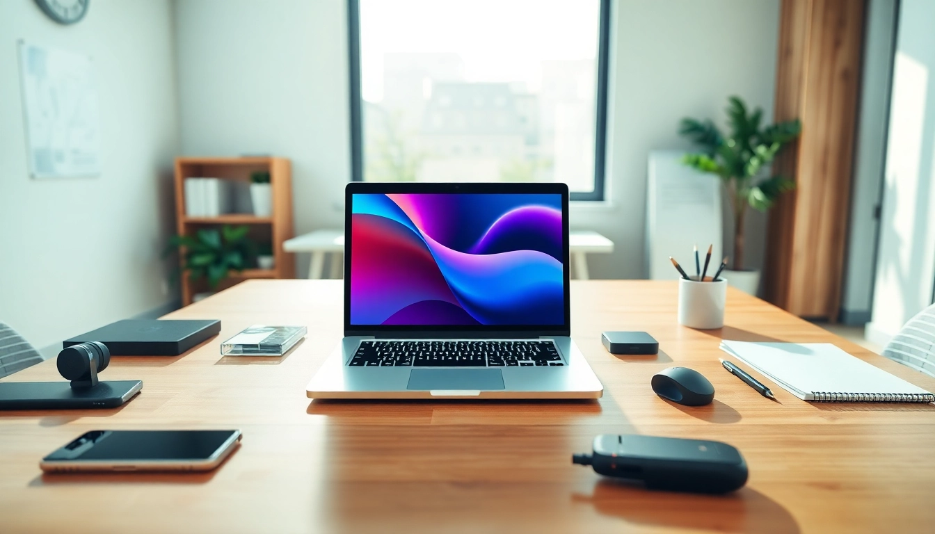 Εξερευνήστε ένα refurbished laptop σε ένα σύγχρονο επαγγελματικό γραφείο με φωτεινό φυσικό φωτισμό.