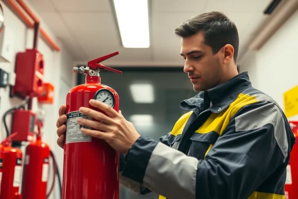 Essential Guide to Fire Extinguisher Maintenance for Optimal Safety Engaging visual depicting Fire extinguisher maintenance with a technician examining equipment in a professional setting.