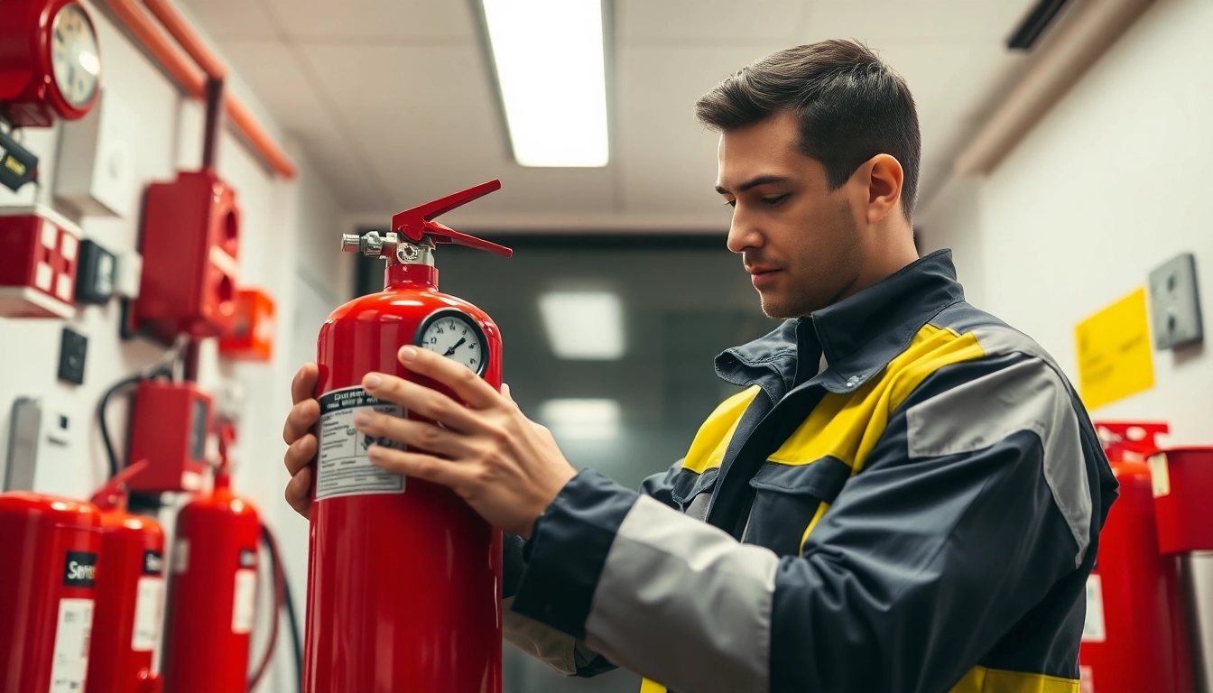 Engaging visual depicting Fire extinguisher maintenance with a technician examining equipment in a professional setting.