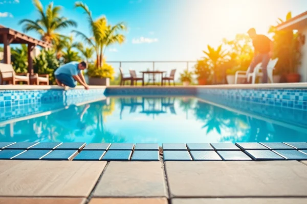 Showcase swimming pool installation as workers skillfully add finishing touches to a vibrant backyard pool.