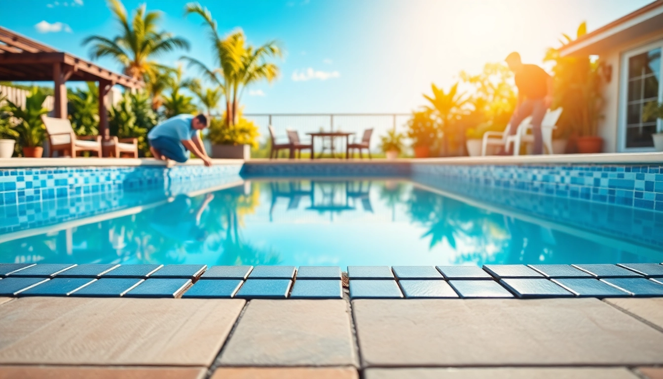 Showcase swimming pool installation as workers skillfully add finishing touches to a vibrant backyard pool.