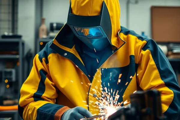 Welder showcasing a durable welding jacket while actively working with sparks flying.