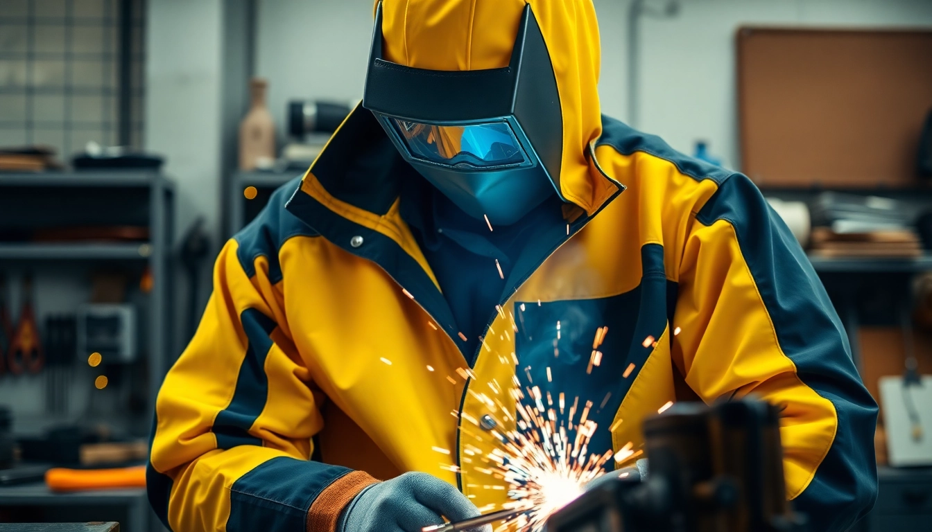 Welder showcasing a durable welding jacket while actively working with sparks flying.