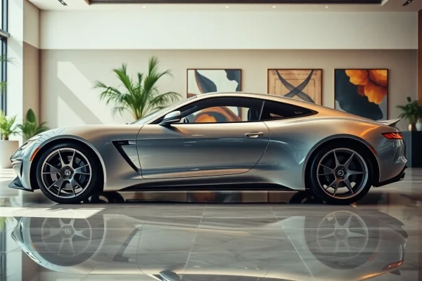 Showcasing the perfect car, a sleek silver sports model, in a luxurious showroom.