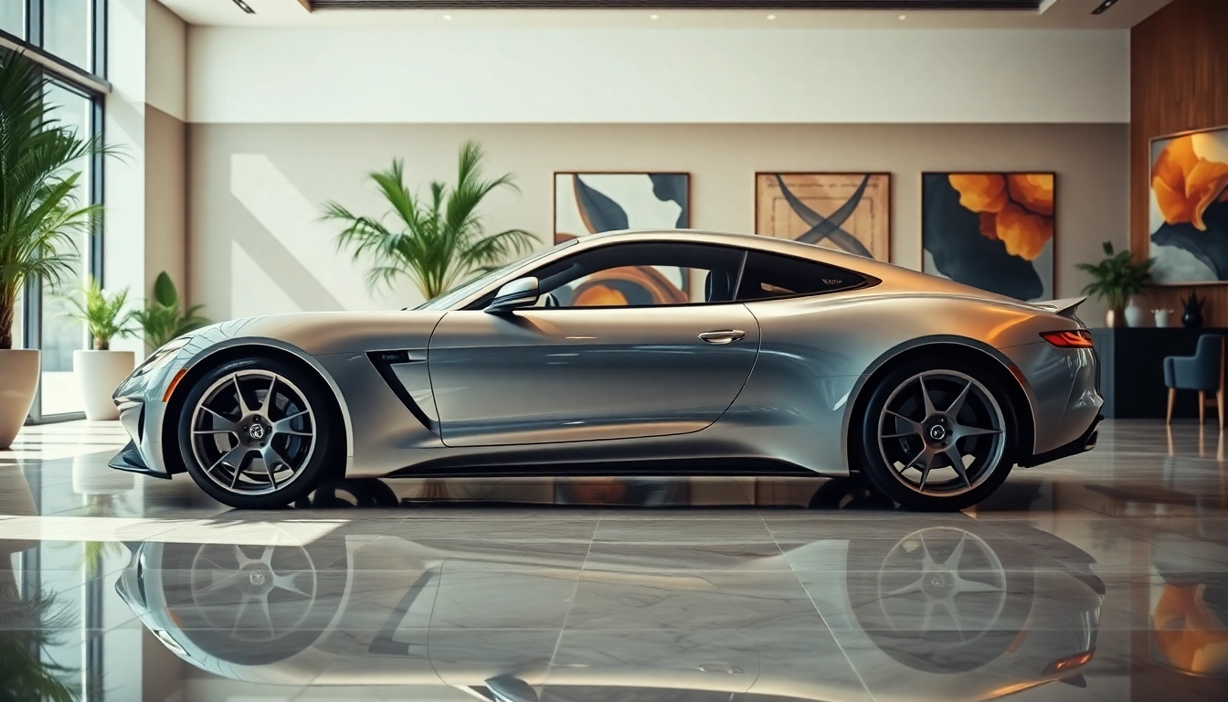 Showcasing the perfect car, a sleek silver sports model, in a luxurious showroom.