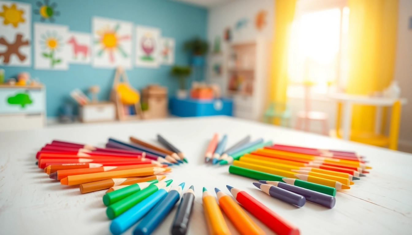 Kids colouring pencils arranged creatively on a table, ready for artistic fun.