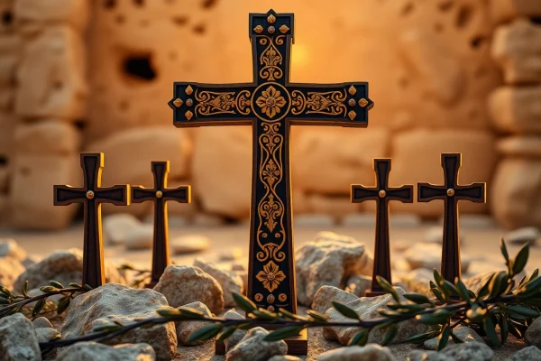 Admire Jerusalem crosses featuring a large central cross with intricate designs and smaller crosses.
