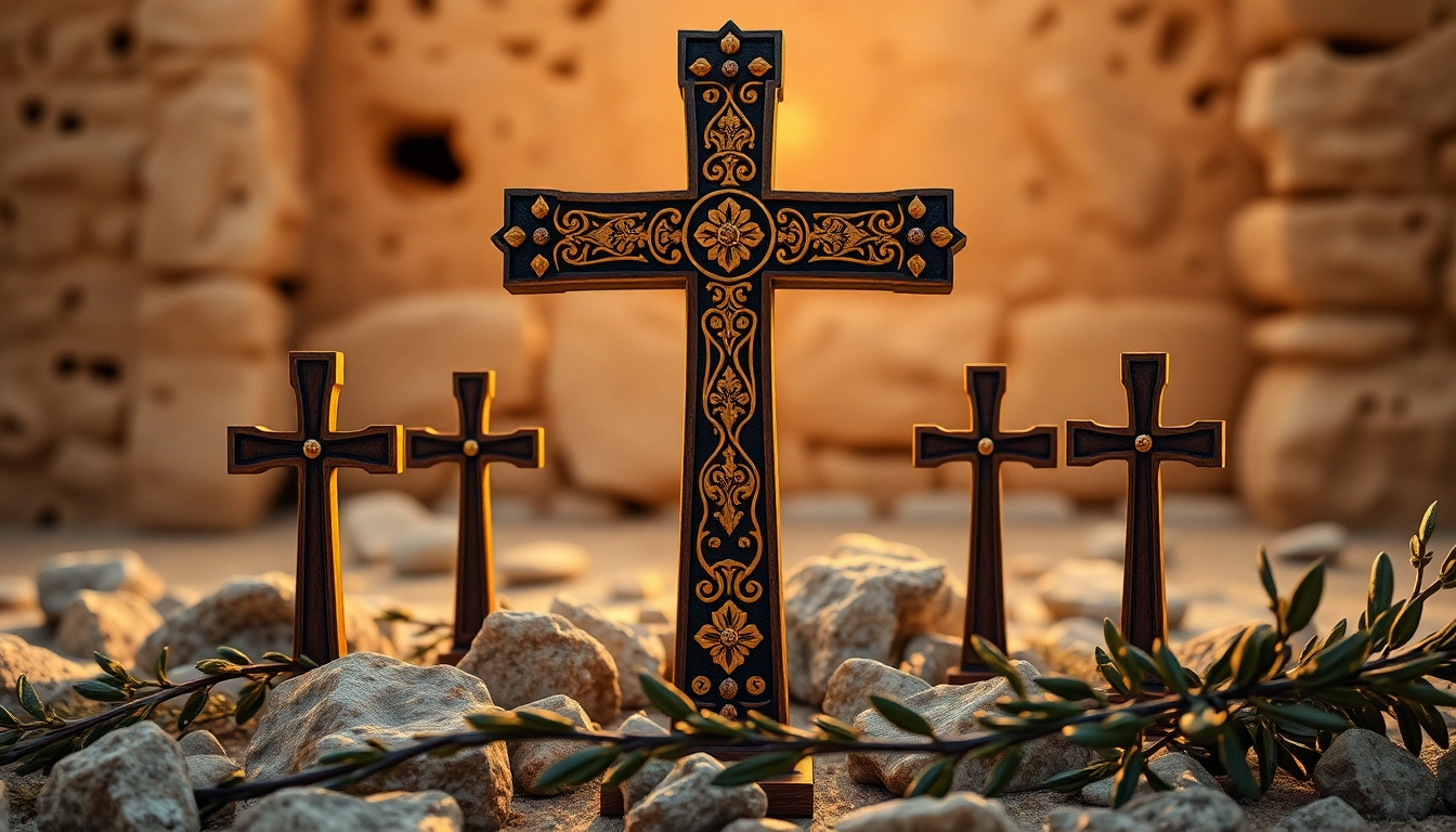 Admire Jerusalem crosses featuring a large central cross with intricate designs and smaller crosses.