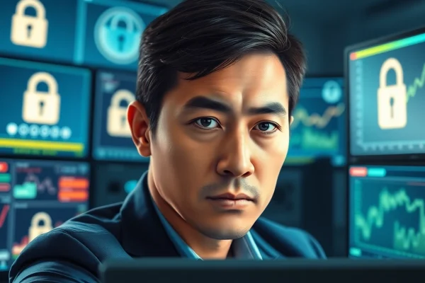 먹튀의 위험을 경고하는 전문사의 모습과 디지털 보안 데이터 분석