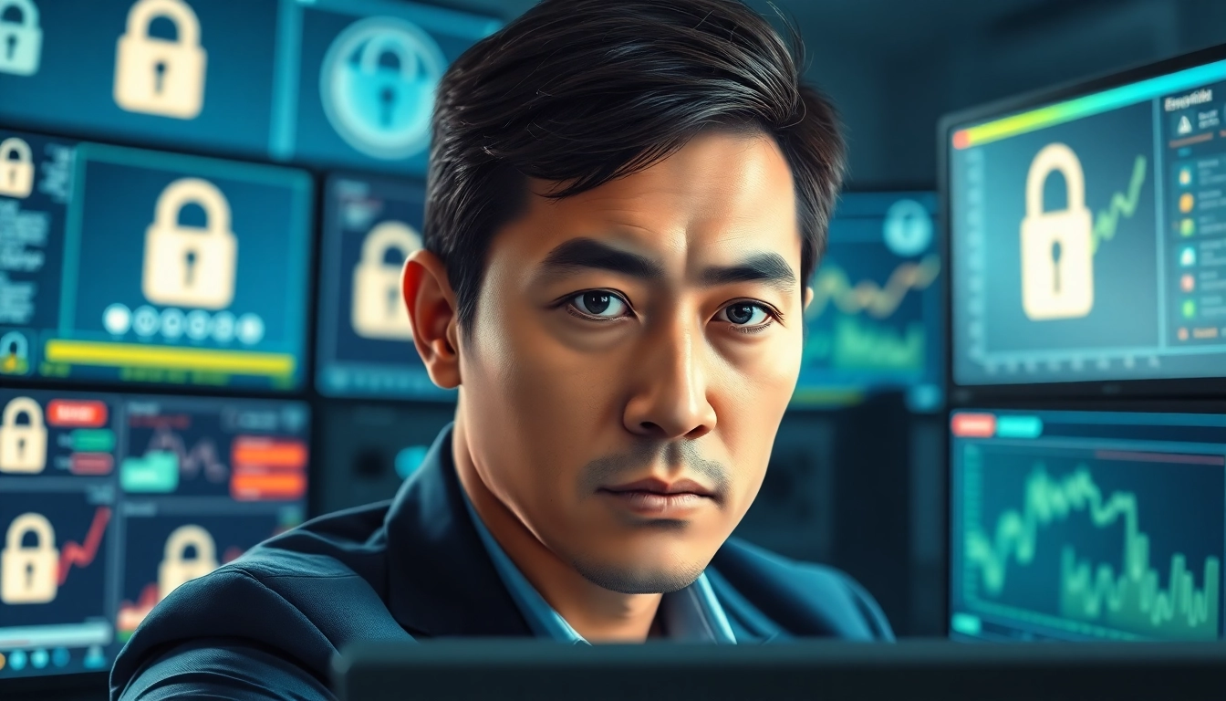 먹튀의 위험을 경고하는 전문사의 모습과 디지털 보안 데이터 분석