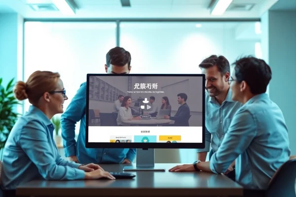 Team discussing features of 美洽官网 on a computer screen in a modern office environment.